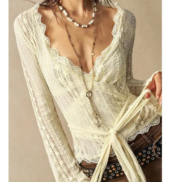 Boho Floral Lace V neck Semi Sheer Long Sleeve Flare Top - Picture 2 of 9